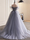 Gray Tulle Long A-Line Prom Dress, Off Shoulder Evening Dress Party Dress HZ1024