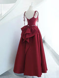 Burgundy Satin Long Prom Dress, A-Line Evening Dress with Bow HZ1024