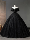 Black Tulle Long A-Line Prom Dress, Shiny Off Shoulder Evening Dress HZ1024