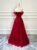 Burgundy Tulle Beaded Long Formal Dress, Off Shoulder Evening Party Dress HZ1024
