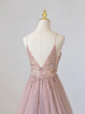 Pink V-Neck Tulle Long Prom Dress with Beaded, Pink Spaghetti Strap Evening Dress HZ1024