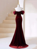 Burgundy Velvet Long Prom Dress, Mermaid Off Shoulder Evening Party Dress HZ1024