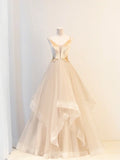 Champagne Velvet and Tulle Long Prom Dress, V-Neck Spaghetti Strap Evening Dress HZ1024