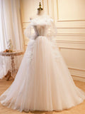 Champagne Tulle Long Prom Dress, A-Line Evening Dress with Bow HZ1024
