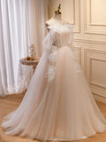 Champagne Tulle Long Prom Dress, A-Line Evening Dress with Bow HZ1024