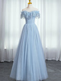 Blue Sweetheart Beaded Off the Shoulder Prom Dress, A-Line Blue Evening Dress HZ1024