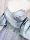 Blue Puff Sleeve Long A-Line Prom Dress, Off the Shoulder Formal Evening Dress HZ1024