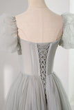 Gray Tulle Beading Long Prom Dress, A-Line Short Sleeve Evening Dress HZ1024