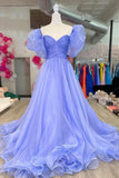A-Line Organza Long Prom Dress, Lovely Puff Sleeve Evening Dress HZ1024