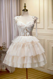 Champagne Lace Short Party Dress, A-Line Spaghetti Strap Evening Dress HZ1024