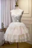 Champagne Lace Short Party Dress, A-Line Spaghetti Strap Evening Dress HZ1024