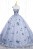 Blue Tulle Long Sleeve Prom Dress, A-Line Off the Shoulder Evening Gown HZ1024