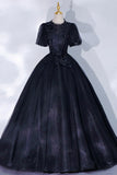 Black Tulle Lace Long A-Line Prom Dress, A-Line Short Sleeve Evening Gown HZ1024