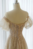 A-Line Tulle Beaded Long Prom Dress, Champagne Short Sleeve Evening Dress HZ1024
