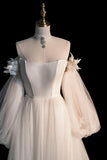 Champagne Tulle Long Sleeve Prom Dress, Off the Shoulder Evening Dress HZ1024