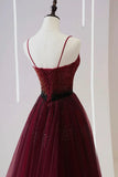 Burgundy Tulle Beaded Long Prom Dress, A-Line Spaghetti Strap Evening Dress HZ1024