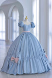 Blue Satin A-Line Princess Dress, Blue A-Line Evening Gown with Bow HZ1024
