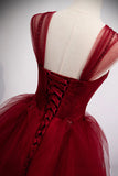 Burgundy Tulle Long A-Line Prom Dress, Burgundy Evening Party Dress HZ1024