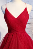 Red V-Neck Tulle Long Prom Dress, A-Line Evening Dress HZ1024