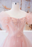Pink Tulle Beaded Long Prom Dress, A-Line Evening Party Dress HZ1024