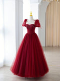 Burgundy Tulle Beaded Long Prom Dress, A-Line Formal Evening Dress HZ1024