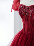 Burgundy Tulle Beaded Long Prom Dress, A-Line Formal Evening Dress HZ1024