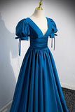 Blue V-Neck Satin Long Prom Dress, Simple A-Line Evening Dress HZ1024