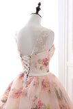 Pink Floral Pattern Lace Long Prom Dress, A-Line Formal Dress HZ1024