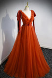 Simple V-Neck Tulle Long Prom Dress, A-Line Formal Evening Dress HZ1024