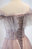 Pink Tulle Beaded Long Formal Dress, Pink V-Neck Prom Dress HZ1024