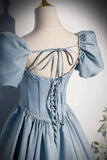 Blue Satin Pearl Long Prom Dress, Blue A-Line Short Sleeve Evening Dress HZ1024