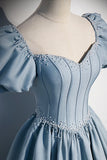 Blue Satin Pearl Long Prom Dress, Blue A-Line Short Sleeve Evening Dress HZ1024