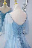 A-Line Tulle Long Prom Dresses, V-Neck Spaghetti Strap Long Princess Dresses HZ1024