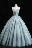 Blue Tulle Sequins Long Prom Dresses, A-Line Evening Dresses HZ1024
