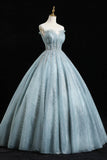 Blue Tulle Sequins Long Prom Dresses, A-Line Evening Dresses HZ1024