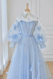 Blue Tulle Long Sleeve Prom Dresses, Cute A-Line Evening Dresses with Applique HZ1024