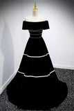 Black Velvet Long Prom Dresses, A-Line Off the Shoulder Evening Dresses HZ1024
