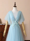 Blue V-Neck Lace Long Prom Dresses, A-Line Evening Dresses HZ1024