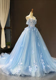 Blue Tulle Long A-Line Prom Dress, Off the Shoulder Evening Dress HZ1024