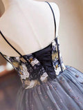 Black Printing Sequins Party Dress, Spaghetti Straps Sleeveless Backless Short Formal Dress HZ1024
