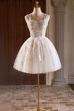 A-Line Tulle Beaded Short Prom Dress, Light Champagne Spaghetti Strap Party Dress HZ1024