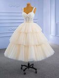 Champagne Tea Length Tulle Beaded Party Dress, Charming A-line Evening Graduation Dress HZ1024