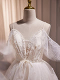 Ivory V-Neck Beaded Straps Party Dress, Ivory Knee Length Prom Dress HZ1024