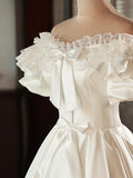 White Satin Lace Short Prom Dress, White Evening Dress, Wedding Dress HZ1024