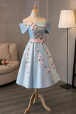Blue Satin Off the Shoulder Prom Dresses, A-Line Homecoming Dresses HZ1024