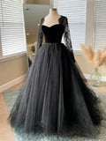 Black A-line Long Lace Sleeves Tulle Formal Dress, Black Prom Dress Party Dress HZ1024