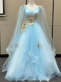 Light Blue Tulle with Gold Lace Applique Party Dress, Light Blue Prom Dress HZ1024