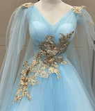 Light Blue Tulle with Gold Lace Applique Party Dress, Light Blue Prom Dress HZ1024