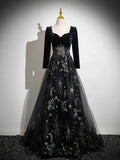 Black Long Sleeves Velet and Tulle Party Dress, Black Sweetheart Prom Dress HZ1024