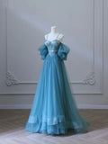 Chic Blue Sweetheart Straps Off Shoulder Tulle Formal Dress, Blue Prom Dress HZ1024